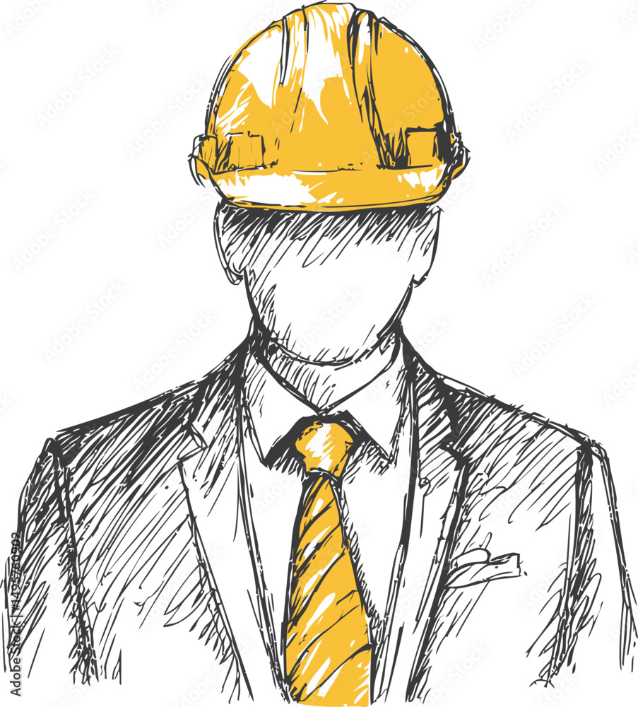 Sketch of faceless man in suit and tie with yellow hard hat, abstract concept. Vector illustration