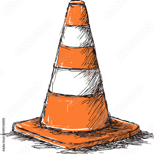 Orange traffic cone sketch with white stripes on a plain background, rough illustration. Vector illustration