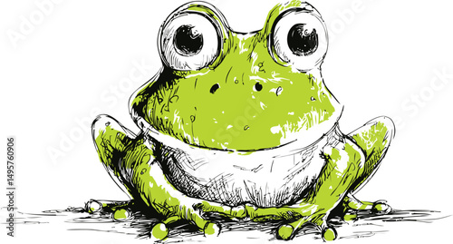 Green frog sketch with large eyes and detailed line art illustration. Vector illustration
