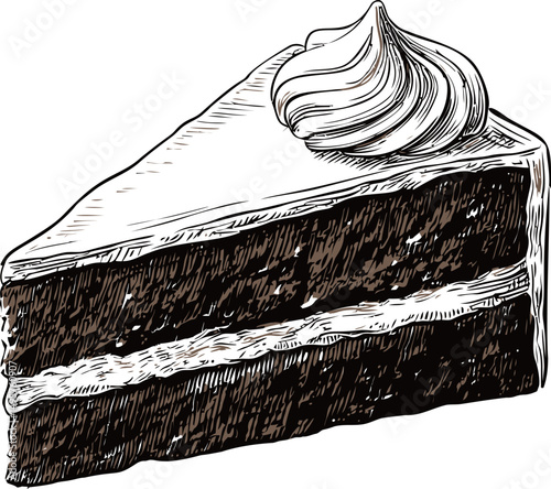 Illustration of a chocolate cake slice with cream topping drawing. Vector illustration