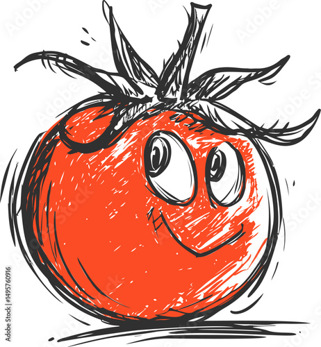 Cartoon smiling tomato with bright eyes and dynamic sketch lines. Vector illustration