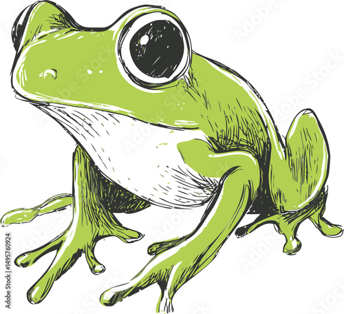 Green frog illustration with large eyes and expressive pose. Vector illustration