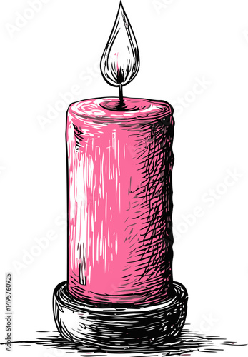 Pink hand-drawn candle on holder with flame illustration. Vector illustration