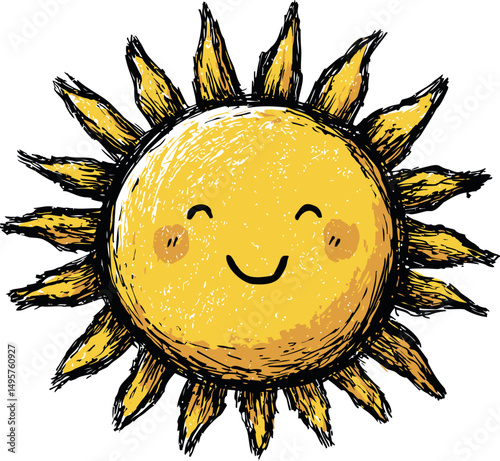 Smiling sun drawing with expressive happy face in bright yellow tones. Vector illustration