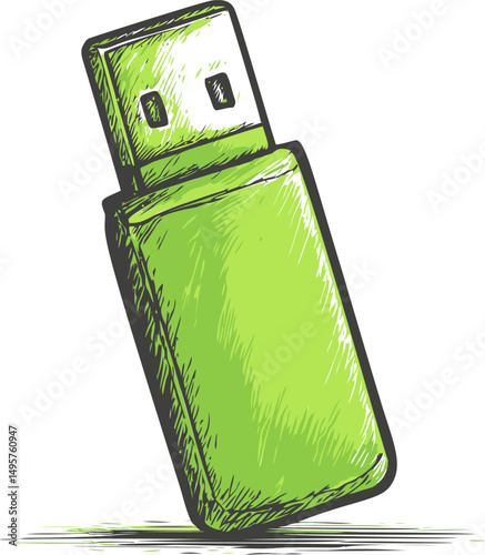 Green sketch of a USB flash drive tilted, digital illustration. Vector illustration