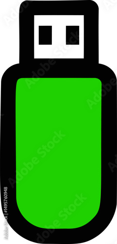 Green usb flash drive icon with black outline, digital concept. Vector illustration
