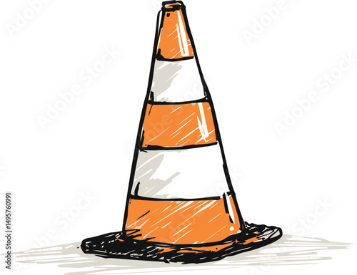 Orange and white traffic cone illustration sketched on a plain background. Vector illustration