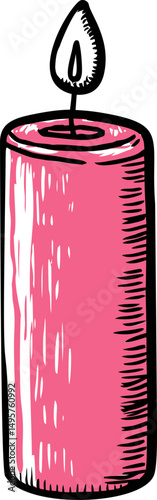 Pink candle illustration with a burning flame and bold black outlines. Vector illustration