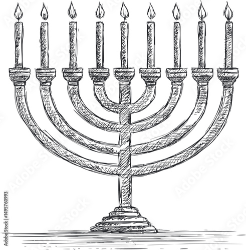 Sketch of a nine-branched menorah with lit candles for hanukkah celebration. Vector illustration