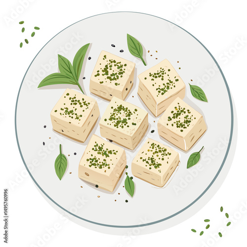 Cubes of tofu with herbs on a white plate, healthy and nutritious dish, on a bright background.