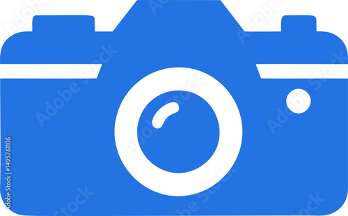Blue camera icon with lens and shutter button clipart. Vector illustration