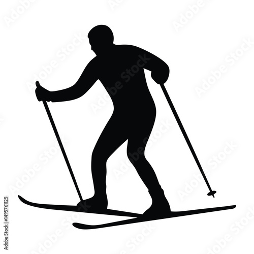 Silhouette of cross country skier gliding across snow in minimalist design
