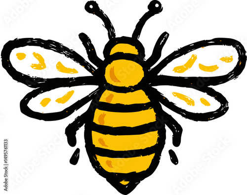 Illustrated yellow and black bee with bold lines and white wings. Vector illustration