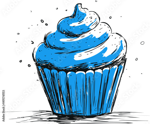 Blue sketch of cupcake with decorative swirl and abstract background. Vector illustration