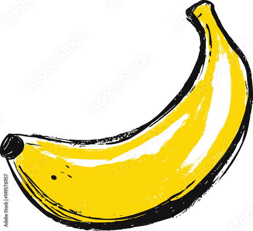 Illustration of a bright yellow banana with black outlines. Vector illustration