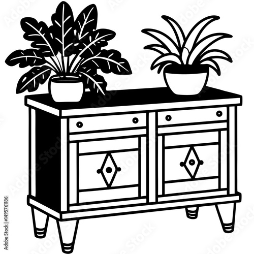 Vintage Record Cabinet with Plants – Vector Illustration