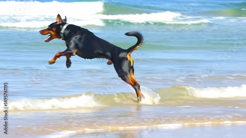 playful rottweiler dog runs along the seashore in summer
