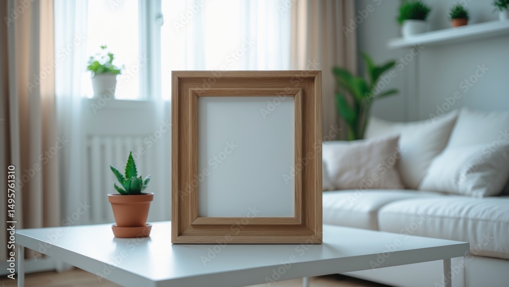 Fototapeta premium Vacant picture frame with blank area on tabletop
