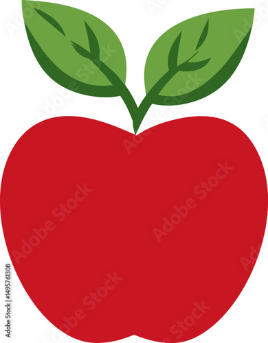 Red apple with green leaves in simple vector style illustration. Vector illustration