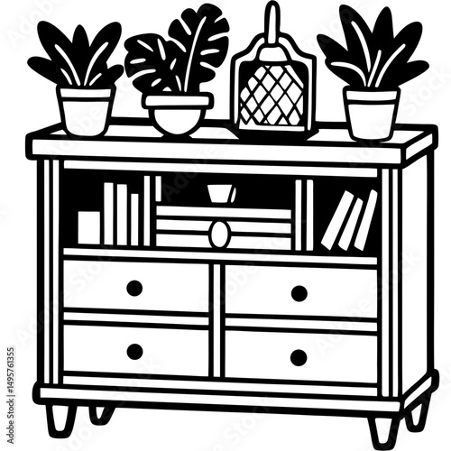 Vintage Record Cabinet with Plants – Vector Illustration