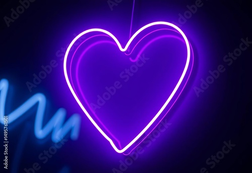 Bright purple neon heart sign glowing intensely on a dark background, affection, graphic design