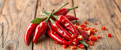 Bright red Calabrian chili peppers, whole and crushed, on rustic wood, condiment, food