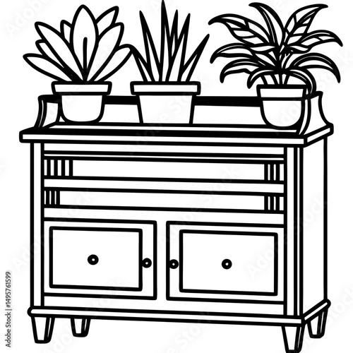 Vintage Record Cabinet with Plants – Vector Illustration