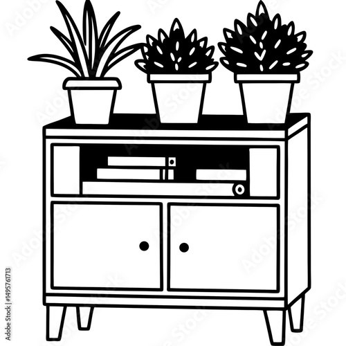 Vintage Record Cabinet with Plants – Vector Illustration