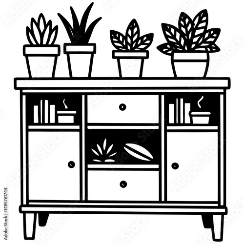 Vintage Record Cabinet with Plants – Vector Illustration