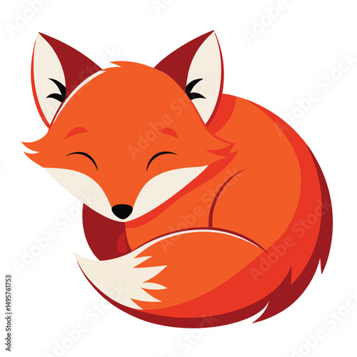 A curled-up red fox with its eyes closed sleeps peacefully with white background.