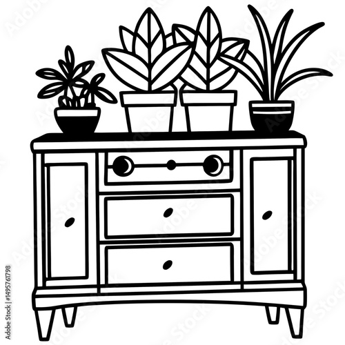 Vintage Record Cabinet with Plants – Vector Illustration