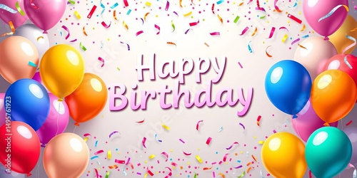 Bright, colorful birthday banner with confetti and balloons Vector illustration, bright, summer