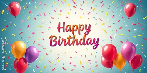 Bright, cheerful birthday banner with colorful confetti and balloons Vector illustration, happy birthday, celebration