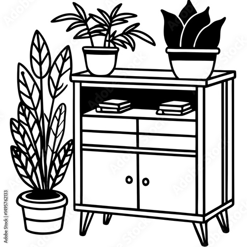 Vintage Record Cabinet with Plants – Vector Illustration