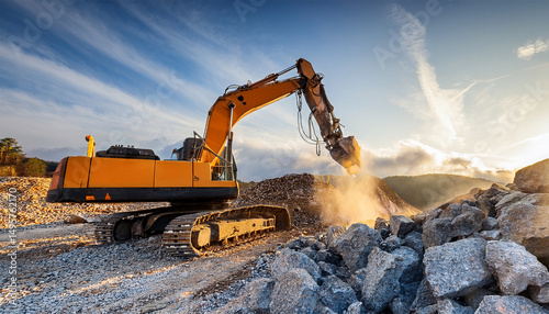 Wallpaper Mural hydraulic rock breaker mounted on excavator crushing rocks in construction site Torontodigital.ca