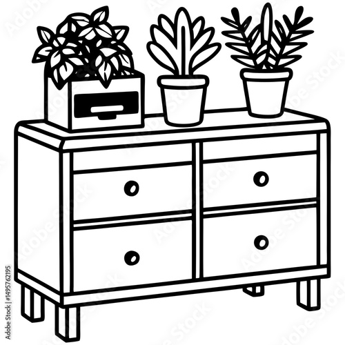 Vintage Record Cabinet with Plants – Vector Illustration