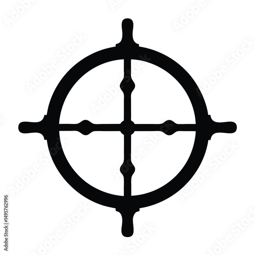 Bold black silhouette of a nautical ship's wheel on a white background