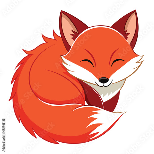 A curled-up red fox with its eyes closed sleeps peacefully with white background.