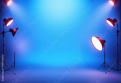 Blue studio backdrop, gradient lighting, blank space for product showcase, advertisement, mockup