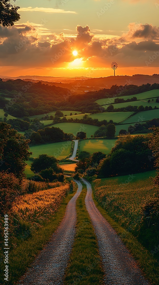 Fototapeta premium Rural landscape road under dramatic clouds high resolution picture
