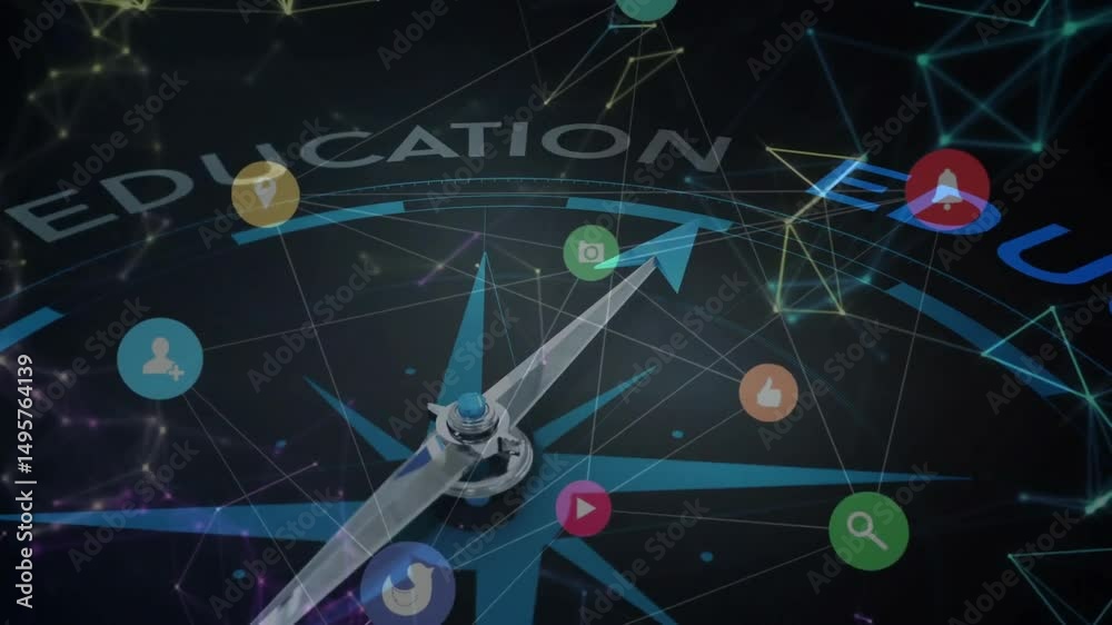Compass needle materializing in mesh, rotating clockwise and pulsing icons around education ring