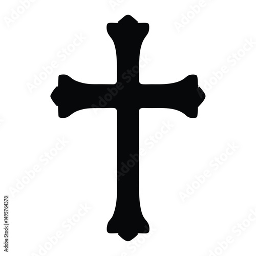 Silhouette of an ornate Christian cross with decorative finials against white backdrop