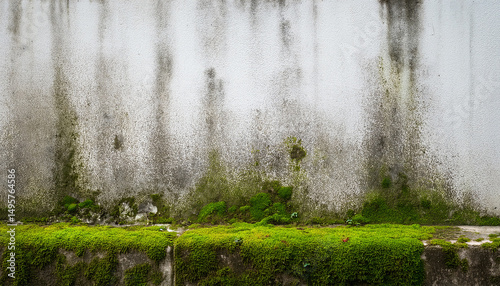 water stained white concrete wall with visible moss growth damp conditions moldy texture