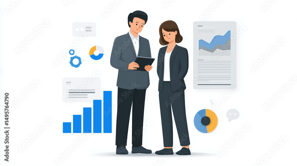 Fototapeta premium Flat vector illustration of two executives collaborating with digital tablet in office, surrounded by modern icons and visual data graphics