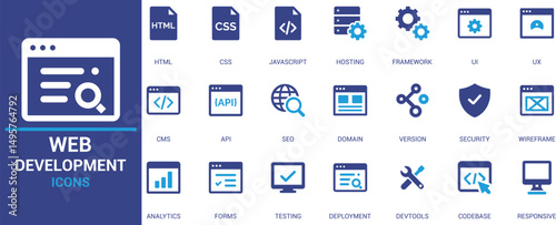 

Modern flat web development icon set with HTML CSS JavaScript API SEO UX UI security hosting testing responsive design coding tools and analytics symbols


