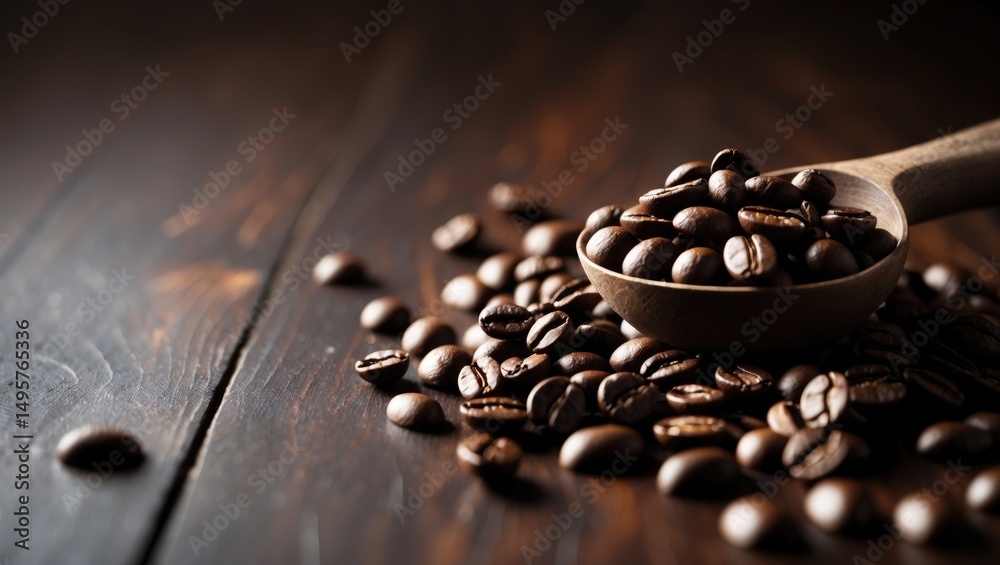 Scoops of dark-roasted coffee beans are placed on a hardwood background. Scoops of dark-roasted coffee beans are placed on a hardwood background.