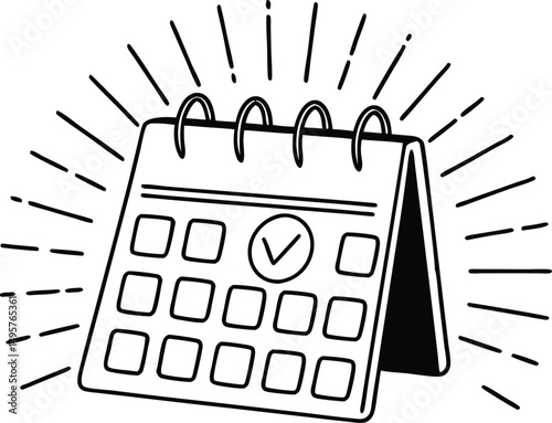 Black and White Desk Calendar Icon with Check Mark. 