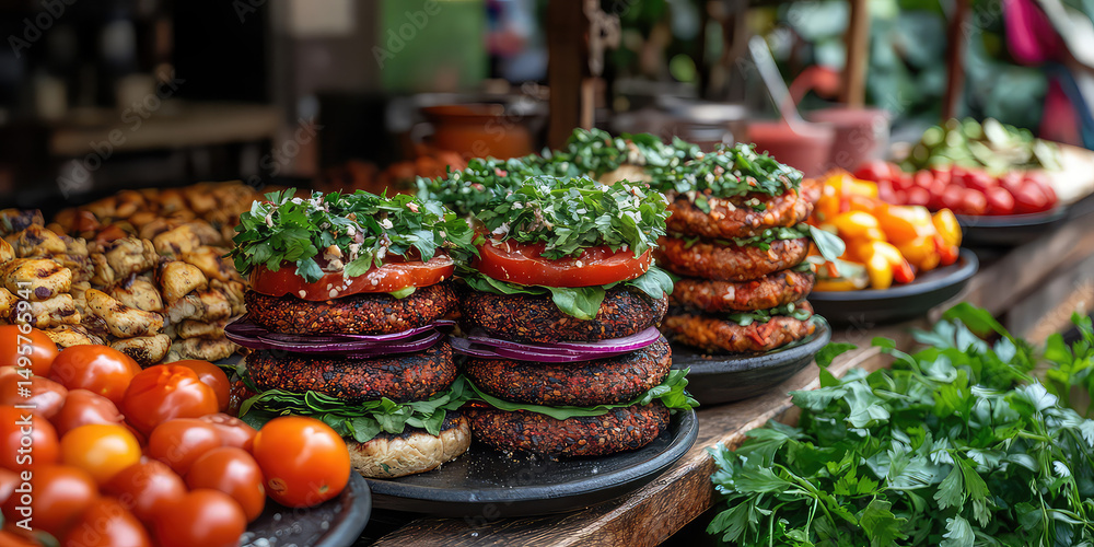 Fototapeta premium Delicious gourmet vegan burgers stacked high with fresh vegetables and garnishes ready to eat.