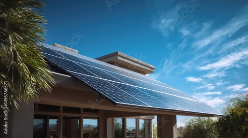 A stunning image of modern Solar Panels Installed on Home in Yuma, Arizona, Clean Energy Under Clear Blue Sky, Sustainable Power Source, Solar Electricity, Renewable Energy, Solar.