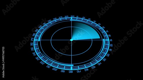 Digital sonar radar screen animation with rotating scanning line detecting object movement, representing tracking system, surveillance, submarine sonar, and futuristic technology interface